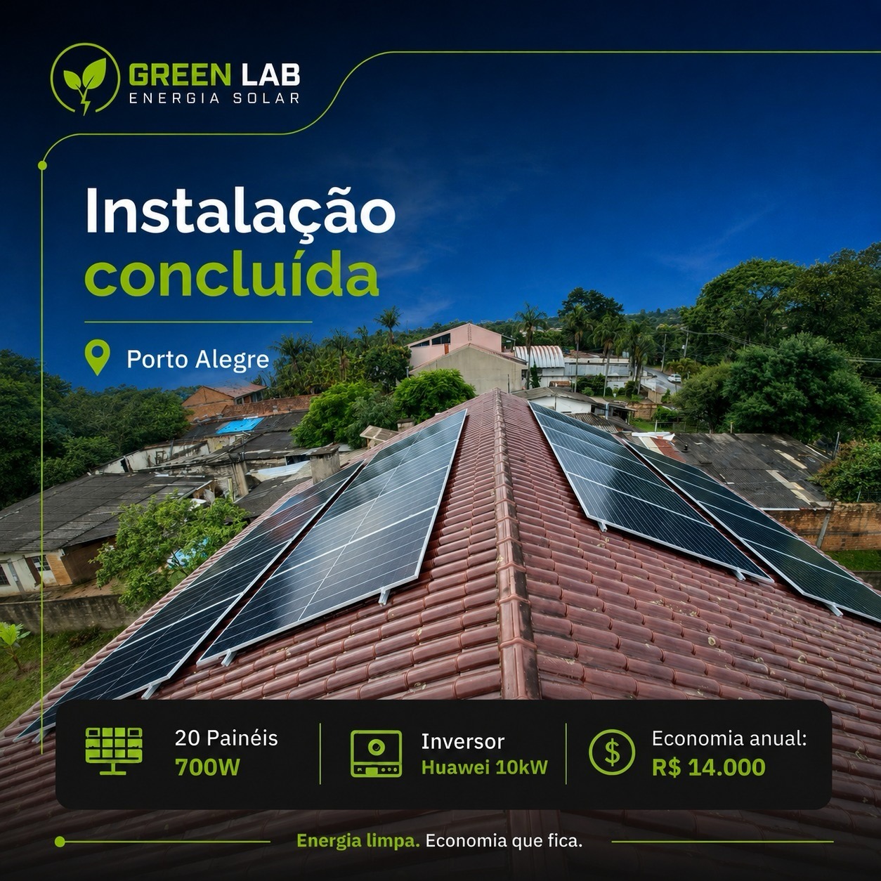 Instalação de painéis solares em telhado residencial em Porto Alegre realizada pela Green Lab Solar