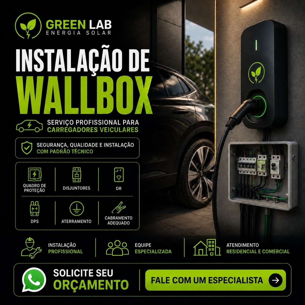 Instalação de wallbox para veículo elétrico com quadro de proteção realizada pela Green Lab Solar