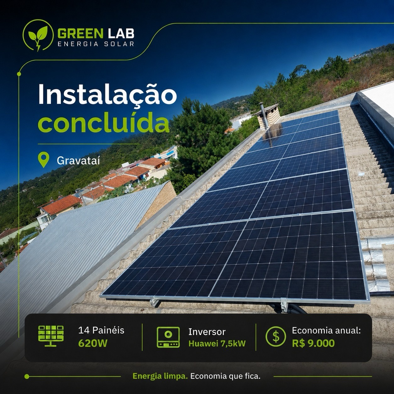 Sistema fotovoltaico instalado pela Green Lab Solar em residência em Gravataí