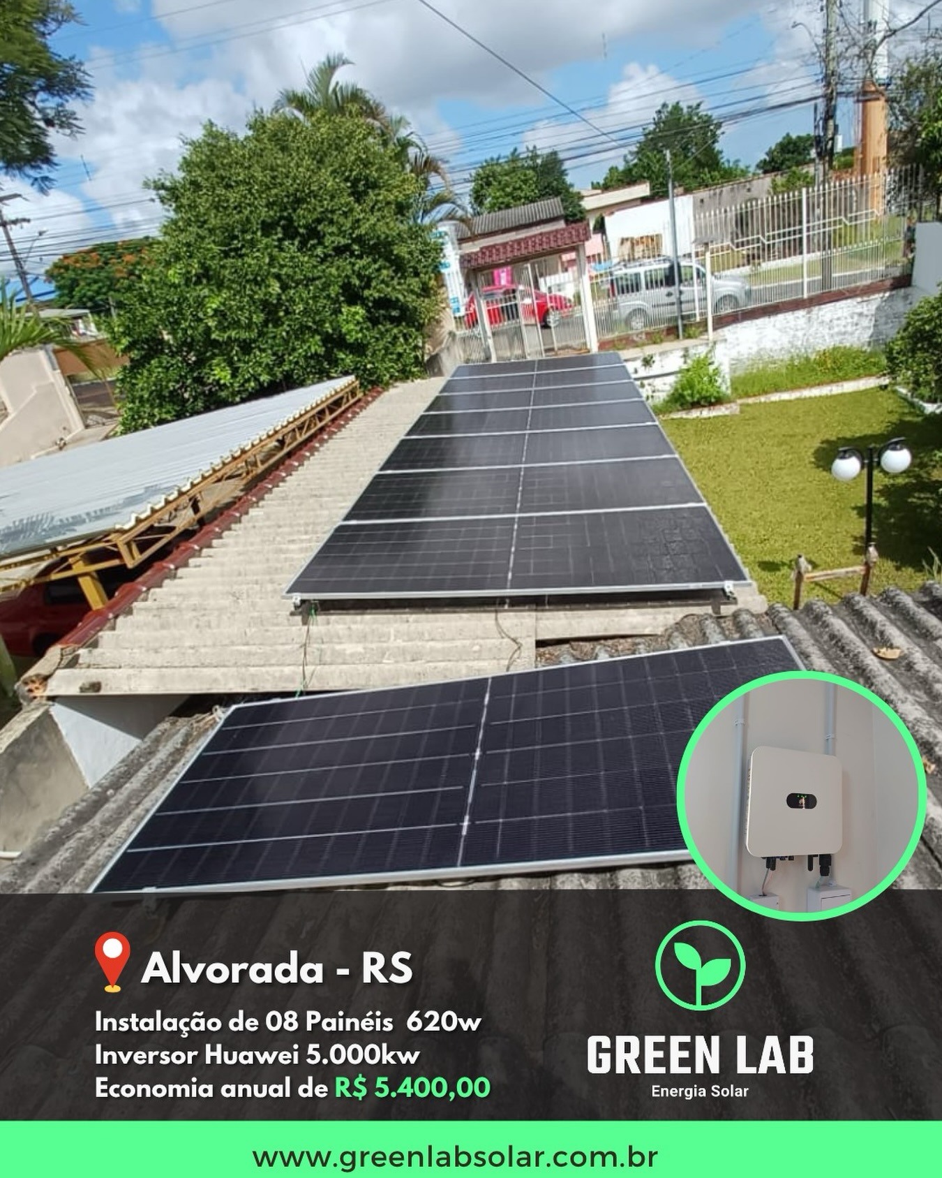 Instalação de 8 painéis solares em telhado residencial em Alvorada, realizada pela Green Lab Solar