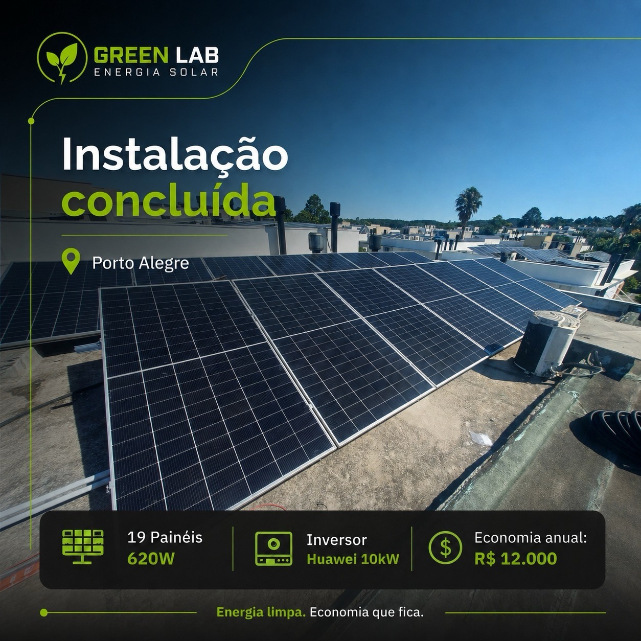 Instalação de 19 painéis solares em laje comercial em Porto Alegre, realizada pela Green Lab Solar